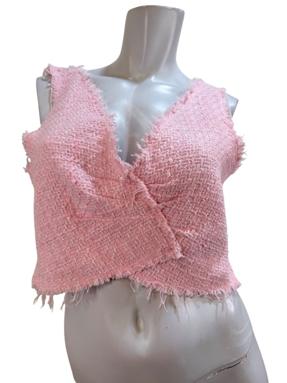 Handmade OOAK Pink Tweed Boucle Fringe Crop Top You Go Girl Back S M Barbiecore